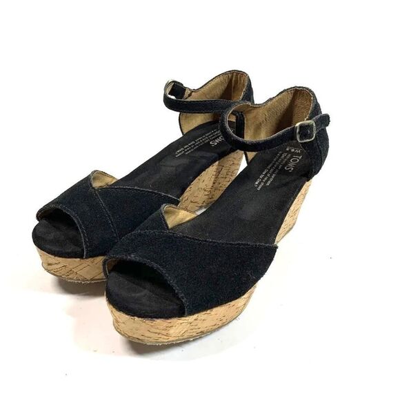 Toms Black Suede Leather Cork Wedge Open Toe Platform Sandals Women Size 6.5 - Picture 3 of 6